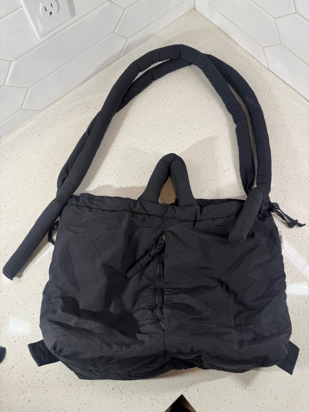 Black Puffer Tote Bag with Padded Handles